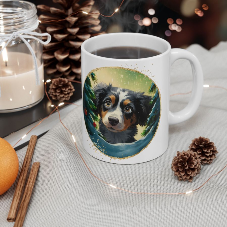 Cute Puppy Christmas Mug, Christmas and New Year Mug, Unique Gift, Animal and Pet Lovers Mug, Gift for Her, Gift for Him, Christmas Tree Mug